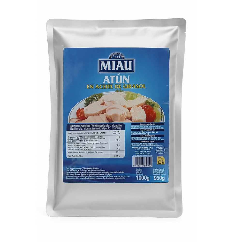 Atún en aceite de girasol Miau (1 kg / 2.2 lb)
