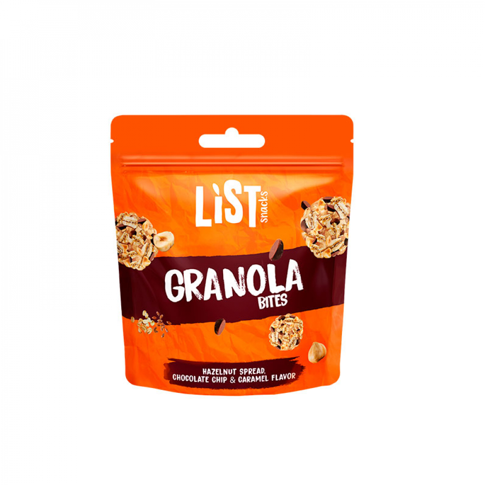Bocadillos de granola con crema de avellanas, chispas de chocolate y sabor a caramelo List Snacks (30 g / 1.06 oz)