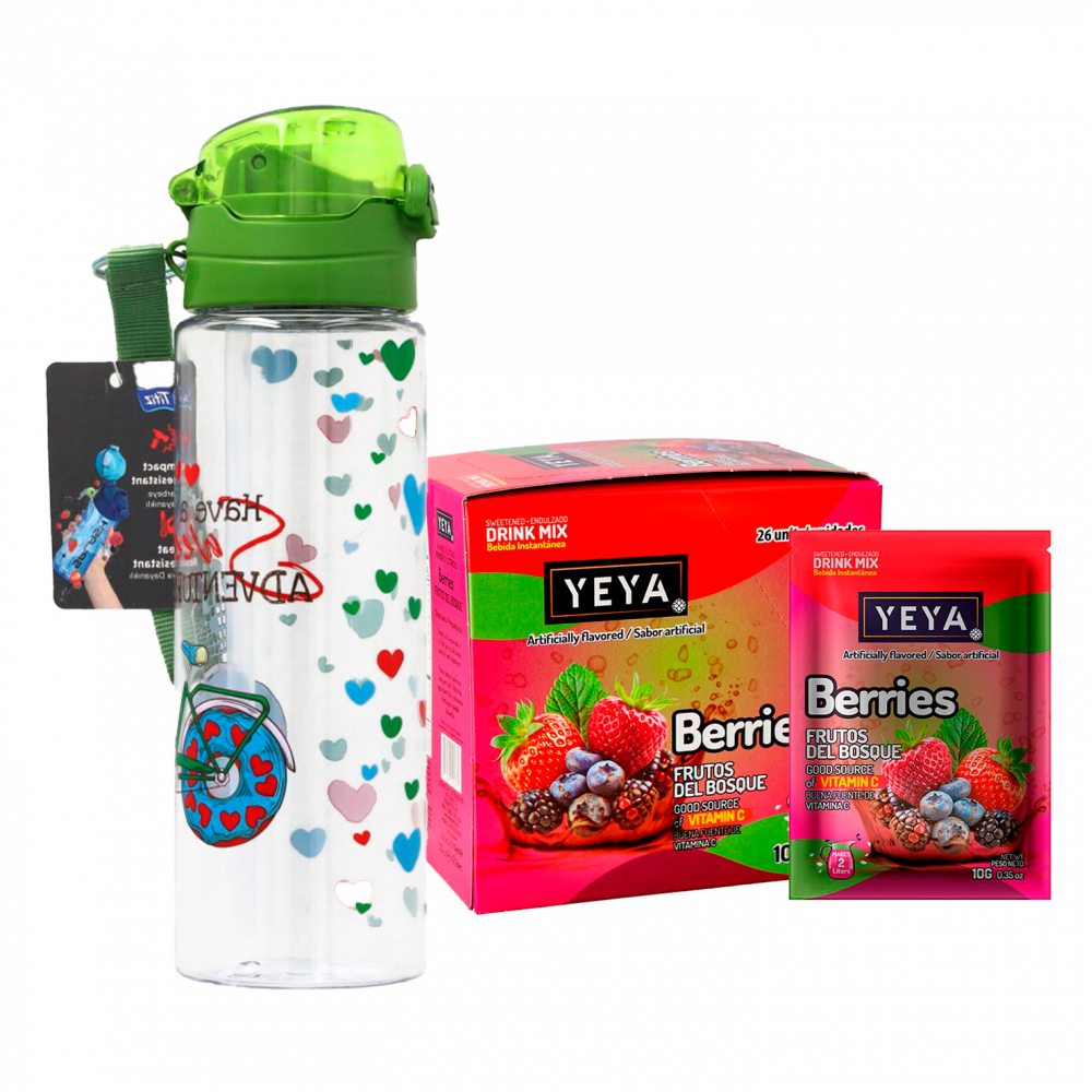 Botella estampada para agua color verde + Refresco instantáneo sabor frutos del bosque (26 x 10 g)