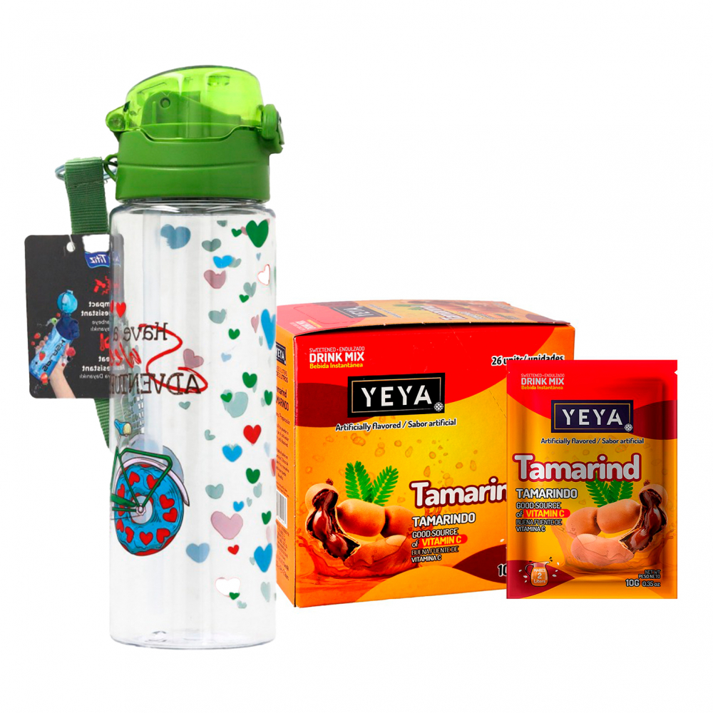 Botella estampada para agua color verde + Refresco instantáneo sabor tamarindo (26 x 10 g)