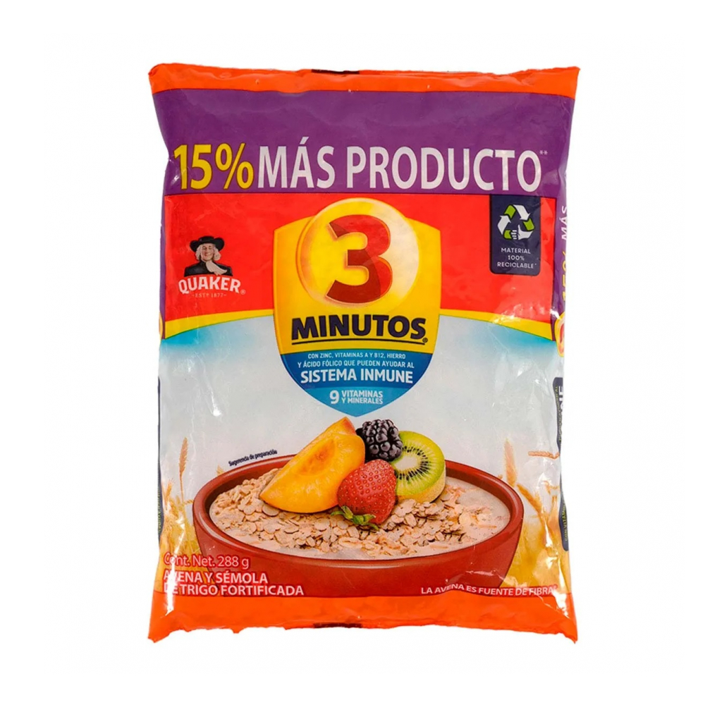 Cereal de avena y sémola de trigo fortificada Quaker 3Minutos (288 g / 10.16 oz)