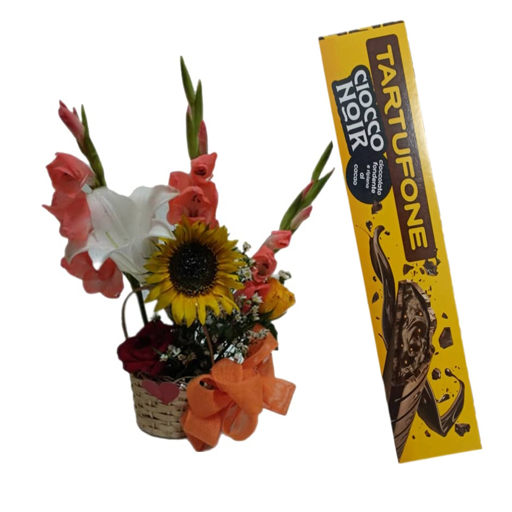 Cestica de flores + Barra de chocolate extra fundente