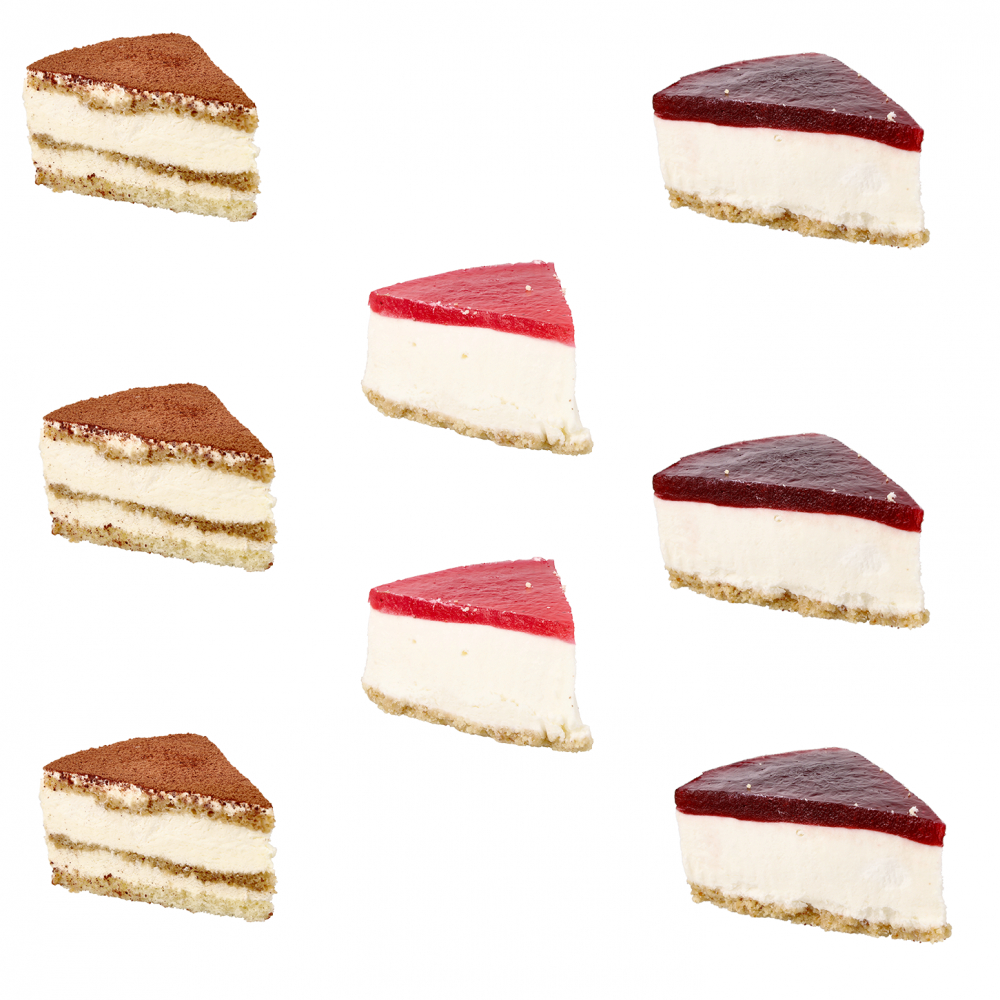 Cheesecake de fresa + Cheesecake de arándano + tarta de tiramisú