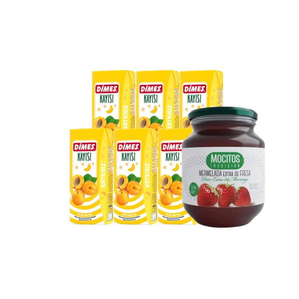 Combo Mermelada extra de fresas Mocitos (1 x 340 g / 11.99 oz) + Néctar de albaricoque Dimes (6 x 200 ml)