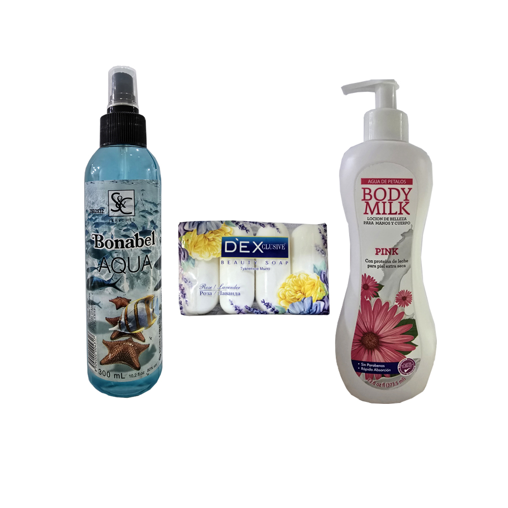 Combo # 1 detalle para mamá: Crema para piel y manos + colonia aqua Bonabel + jabones tocador rosa & lavanda