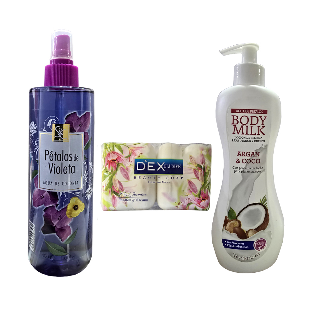 Combo # 3 detalle para mamá: Crema para piel y manos + colonia pétalos de violeta Bonabel + jabones tocador rosa & lavanda