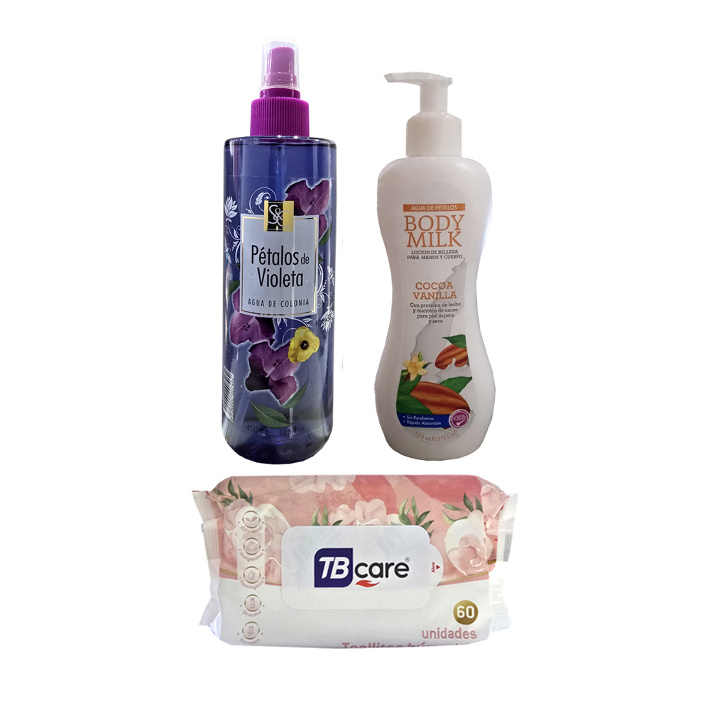 Combo # 8 detalle para mamá: Crema para piel y manos + colonia pétalos de violeta SC + toallita húmeda TBcare