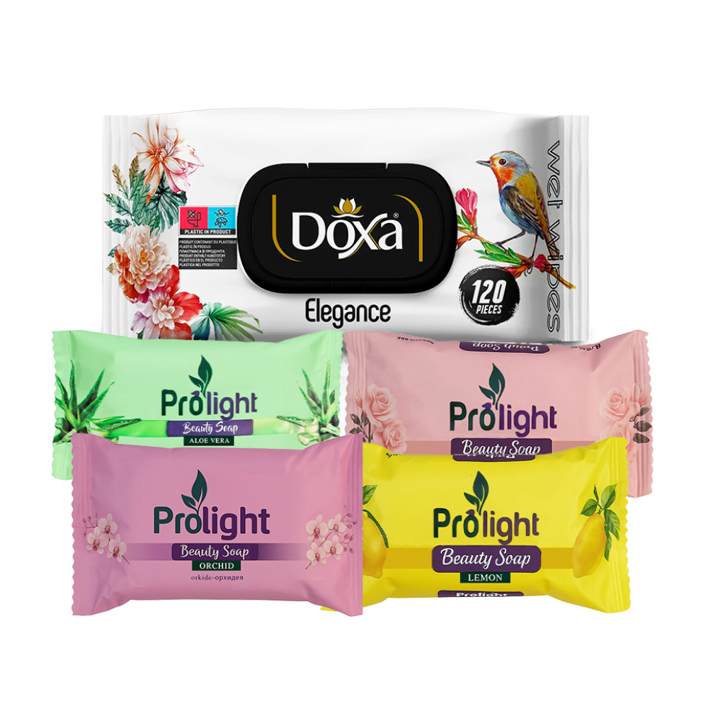 Combo de artículos de aseo #3: Toallitas húmedas Doxa Elegance + Jabones de belleza Prolight