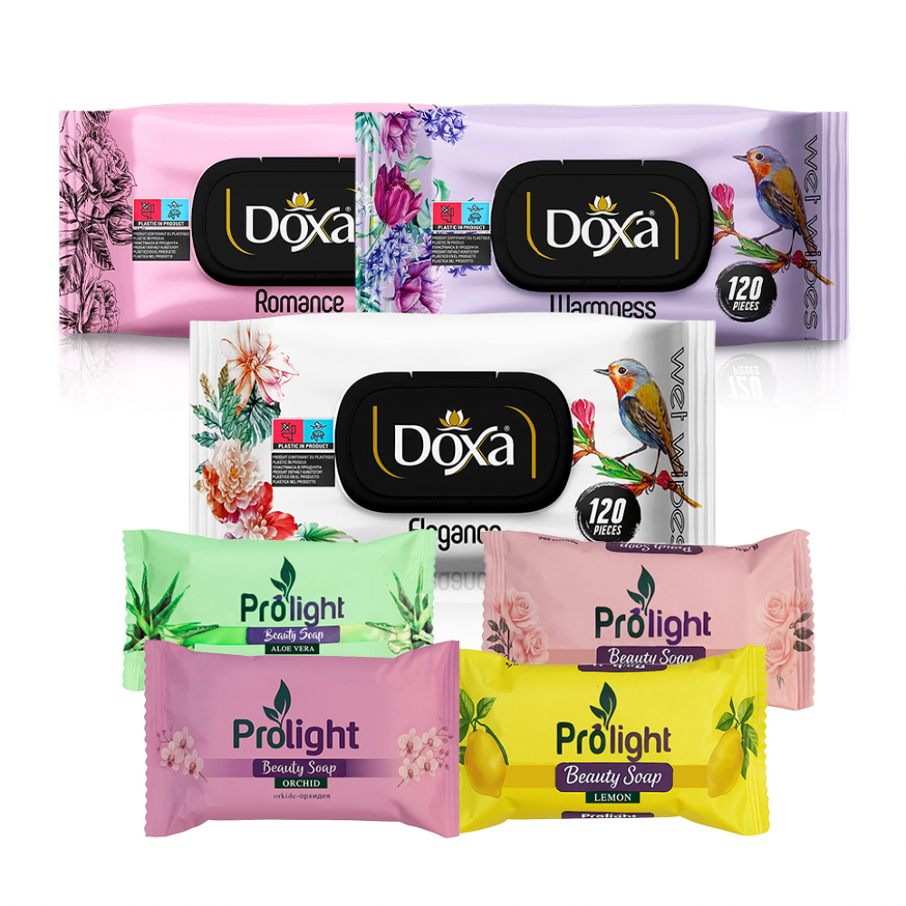 Combo de artículos de aseo #4: Toallitas húmedas Doxa + Jabones de belleza Prolight