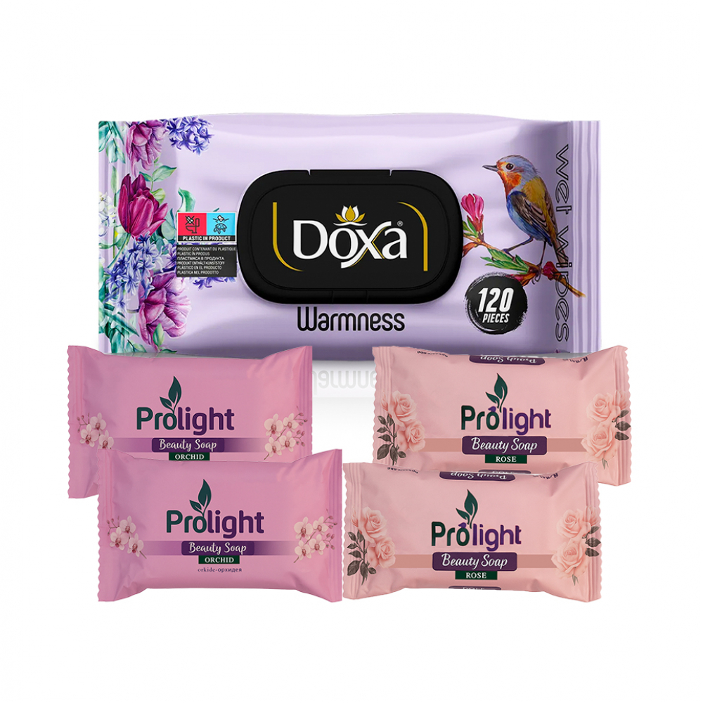 Combo de artículos de aseo #5: Toallitas húmedas con aroma cálido Doxa + Jabones de belleza Prolight