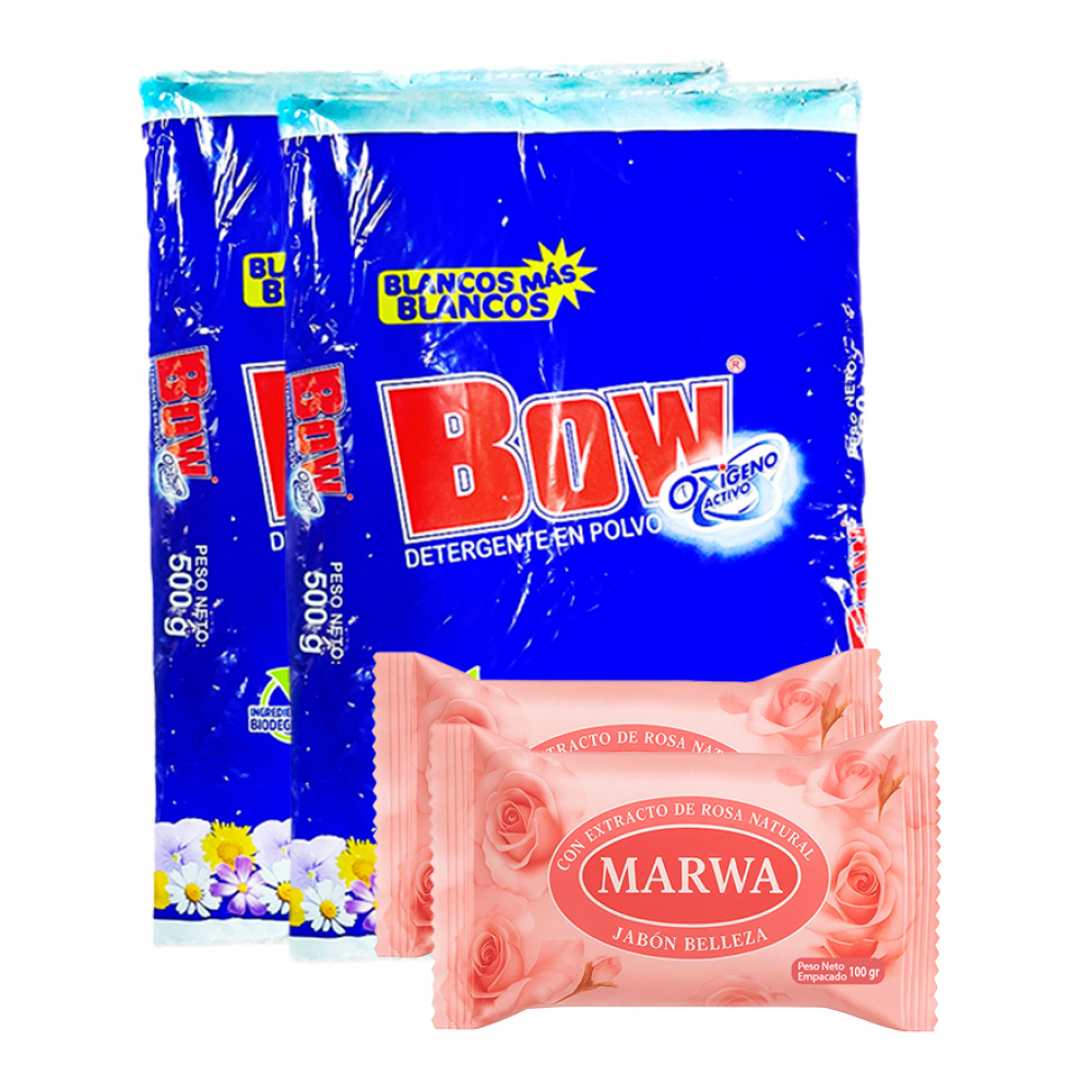 Combo de aseo 6: Detergente en polvo Bow + Jabón de belleza con extracto de rosa natural Marwa
