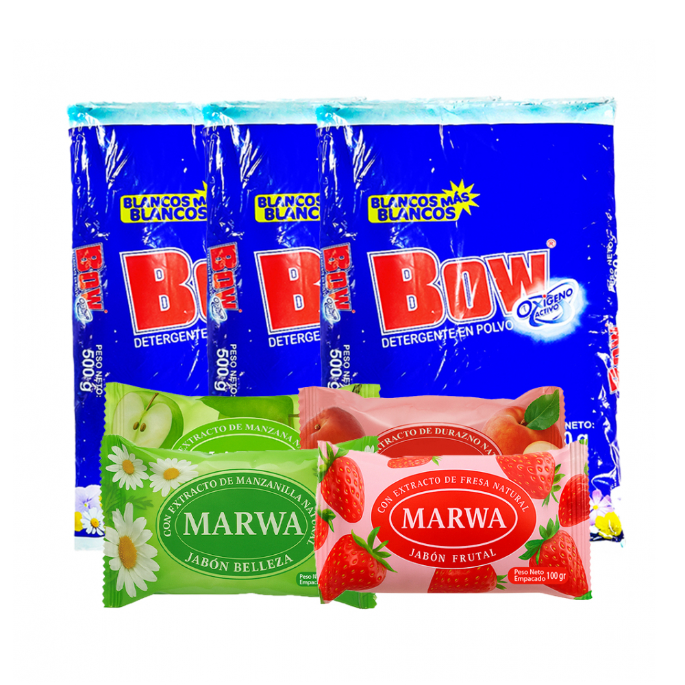 Combo de aseo 10: Detergente en polvo Bow + Jabones frutales con extracto natural Marwa