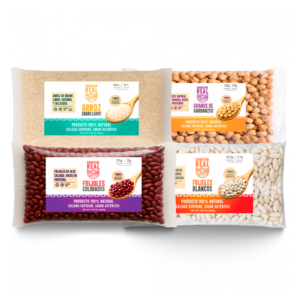 Combo de granos selectos Cosecha Real #15: Arroz de grano largo + Frijoles blancos + Frijoles rojos + Garbanzos