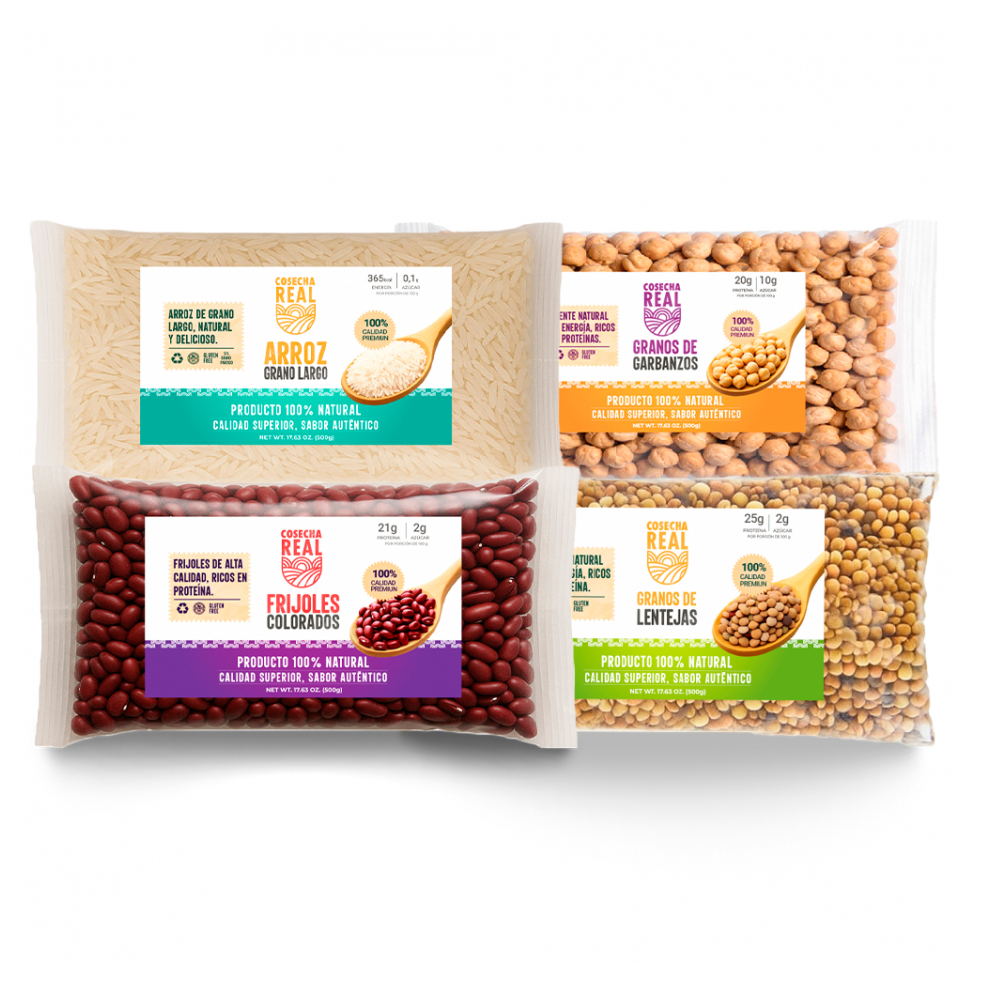 Combo de granos selectos Cosecha Real #17: Arroz de grano largo + Lentejas + Frijoles rojos + Garbanzos