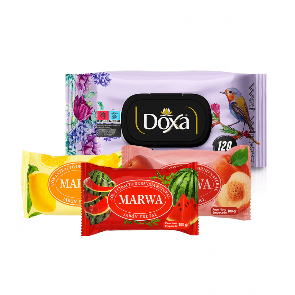 Combo de higiene personal #9: Toallita húmeda Doxa + Jabones frutales con extracto natural Marwa