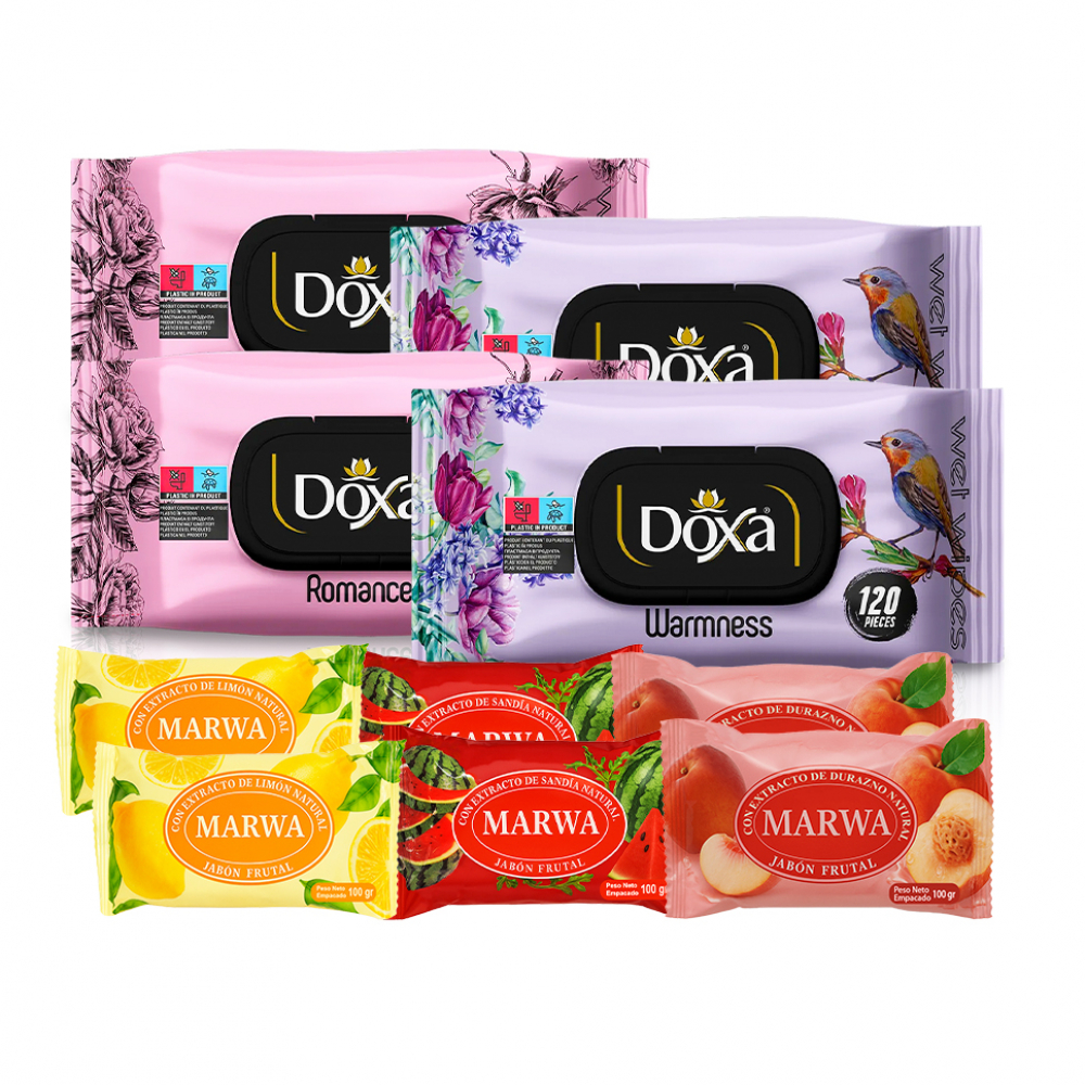 Combo de higiene personal #3: Toallitas húmedas Doxa + Jabones frutales con extracto natural Marwa