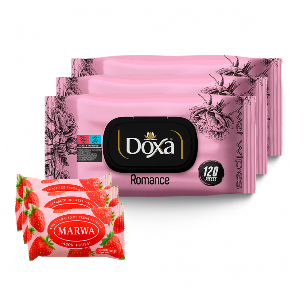 Combo de limpieza y cuidado personal #3: Toallitas húmedas con aroma a romance + Jabón frutal con extracto de fresa natural