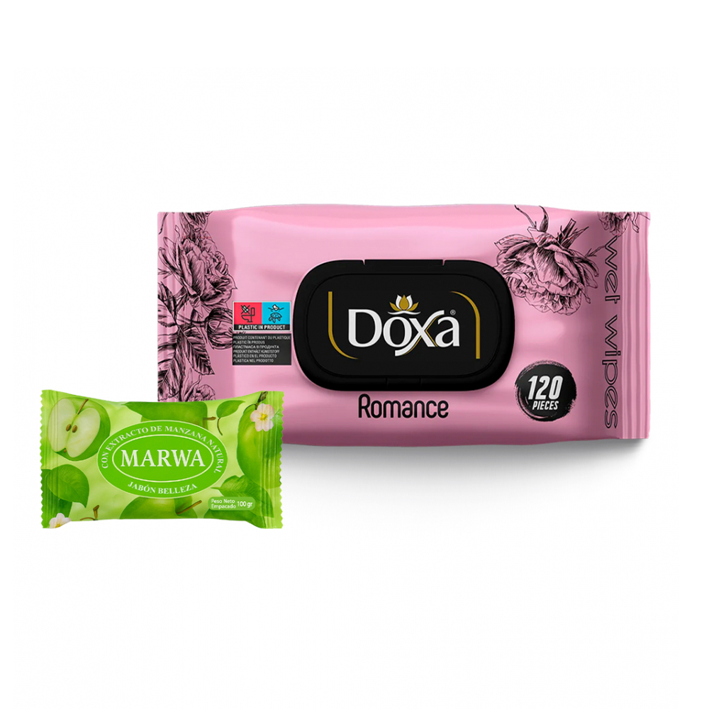Combo de limpieza y cuidado personal #4: Toallitas húmedas con aroma a romance + Jabón frutal con extracto de manzana natural