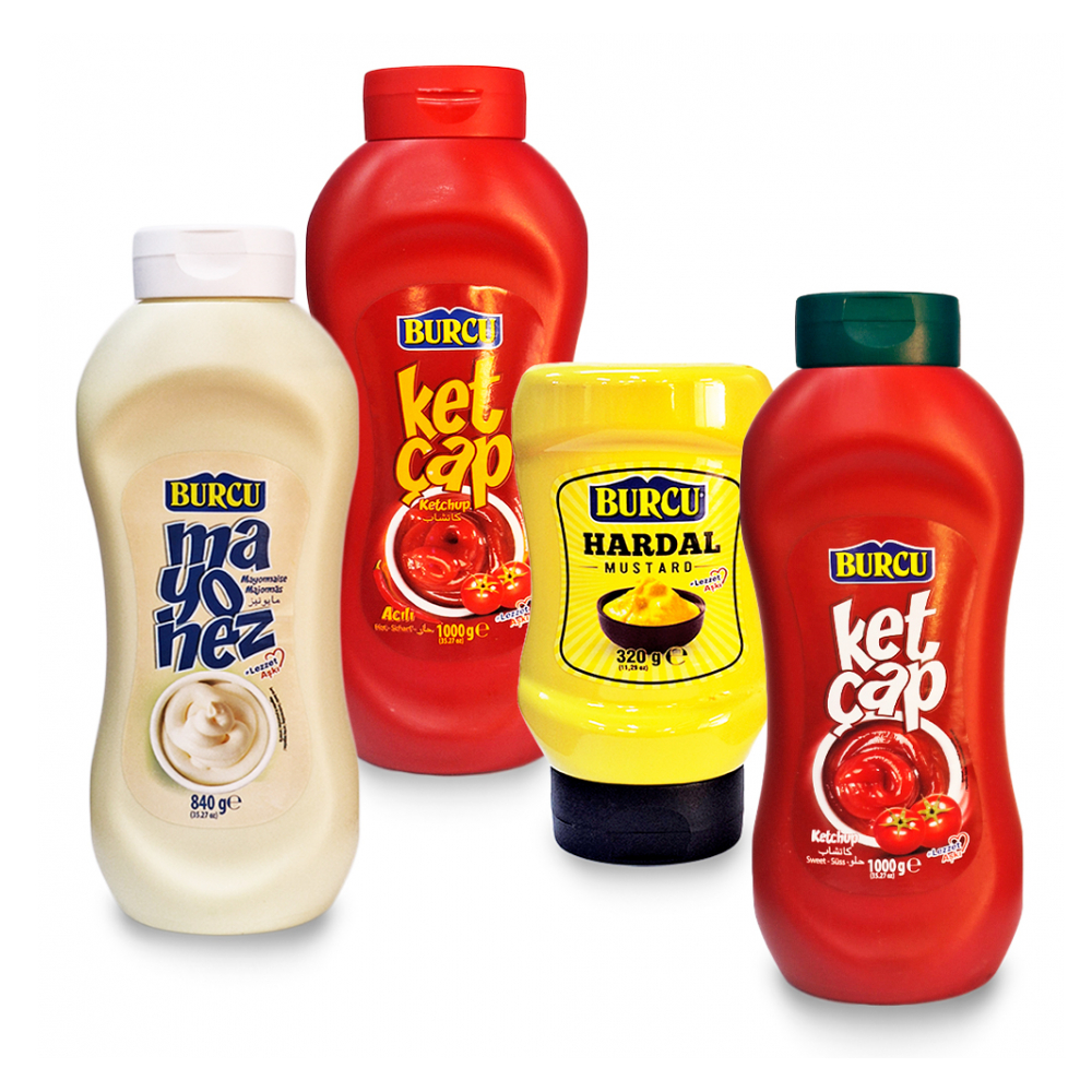 Combo de salsas y aderezos Burcu: Mayonesa, mostaza, ketchup picante, ketchup dulce