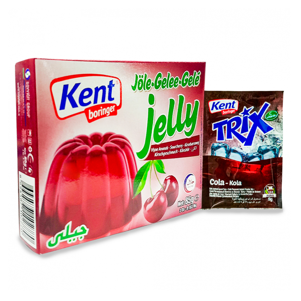 Combo mixto para postres: Refresco en polvo sabor cola + Gelatina sabor a cereza Kent Boringer