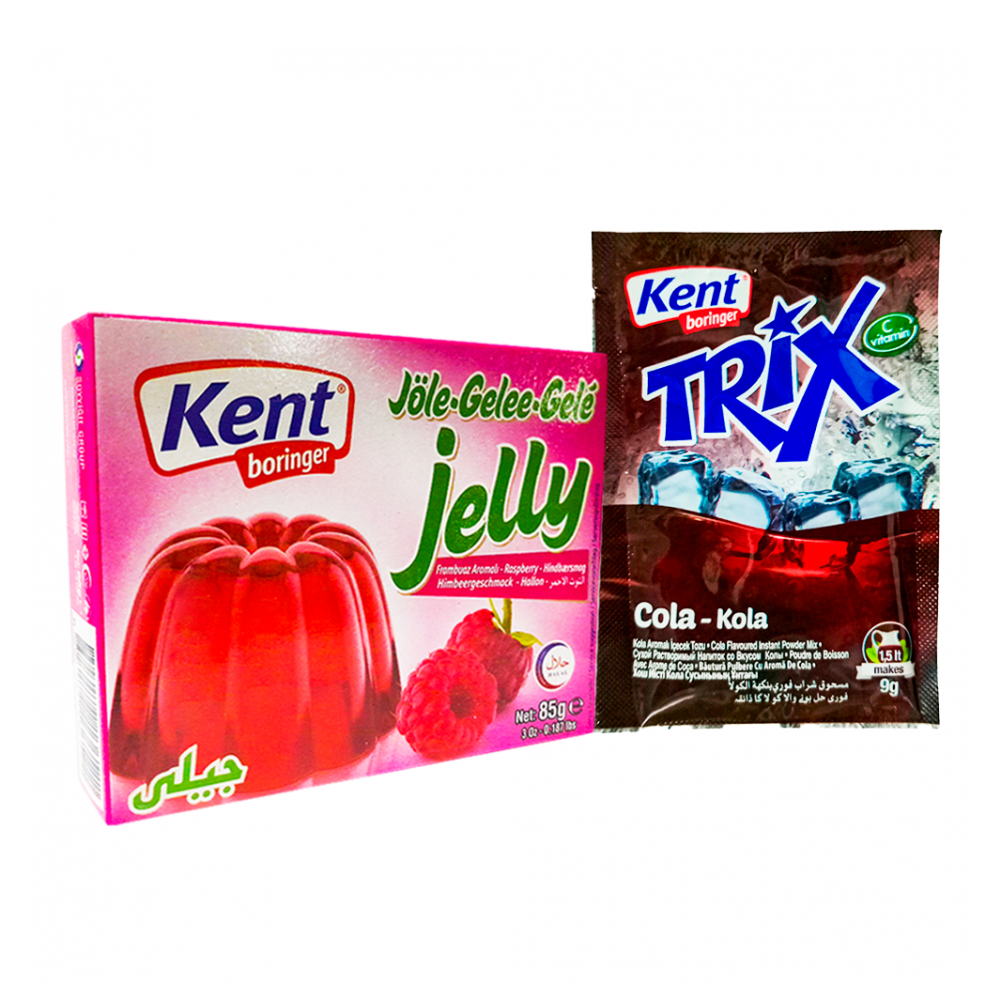 Combo mixto para postres: Refresco en polvo sabor cola + Gelatina sabor a frambuesa Kent Boringer