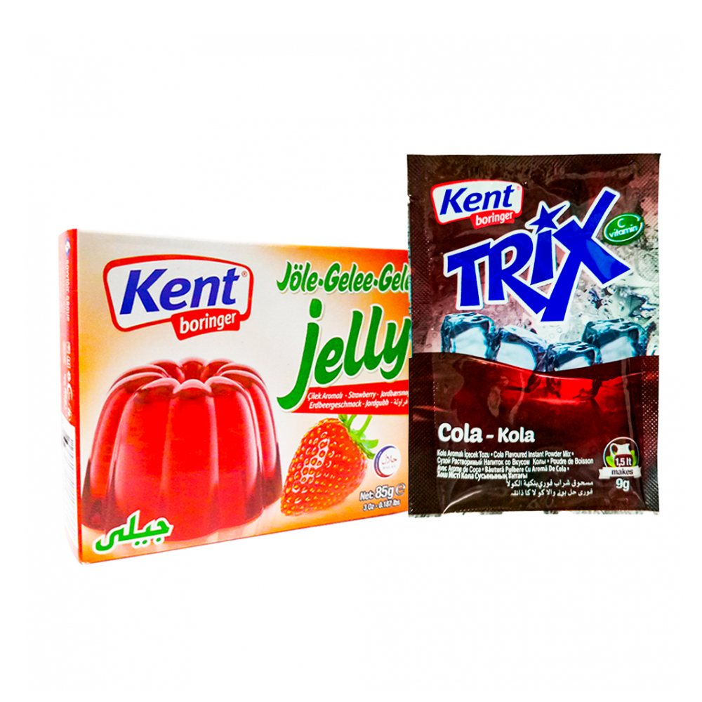 Combo mixto para postres: Refresco en polvo sabor cola + Gelatina sabor a fresa Kent Boringer