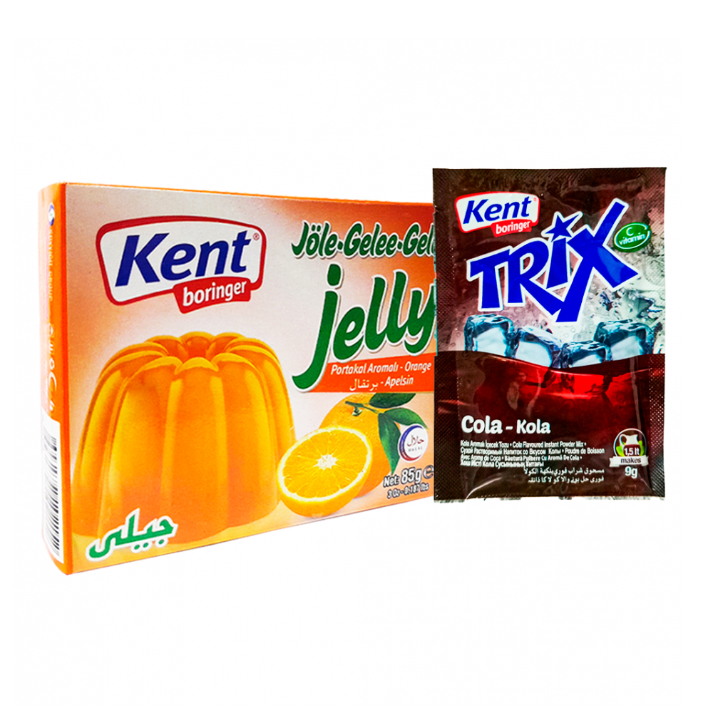 Combo mixto para postres: Refresco en polvo sabor cola + Gelatina sabor a naranja Kent Boringer
