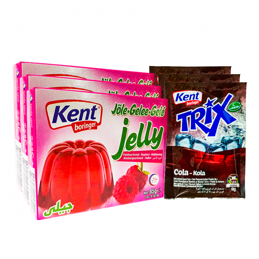 Combo mixto para postres 2: Refresco en polvo sabor cola + Gelatina sabor a frambuesa Kent Boringer