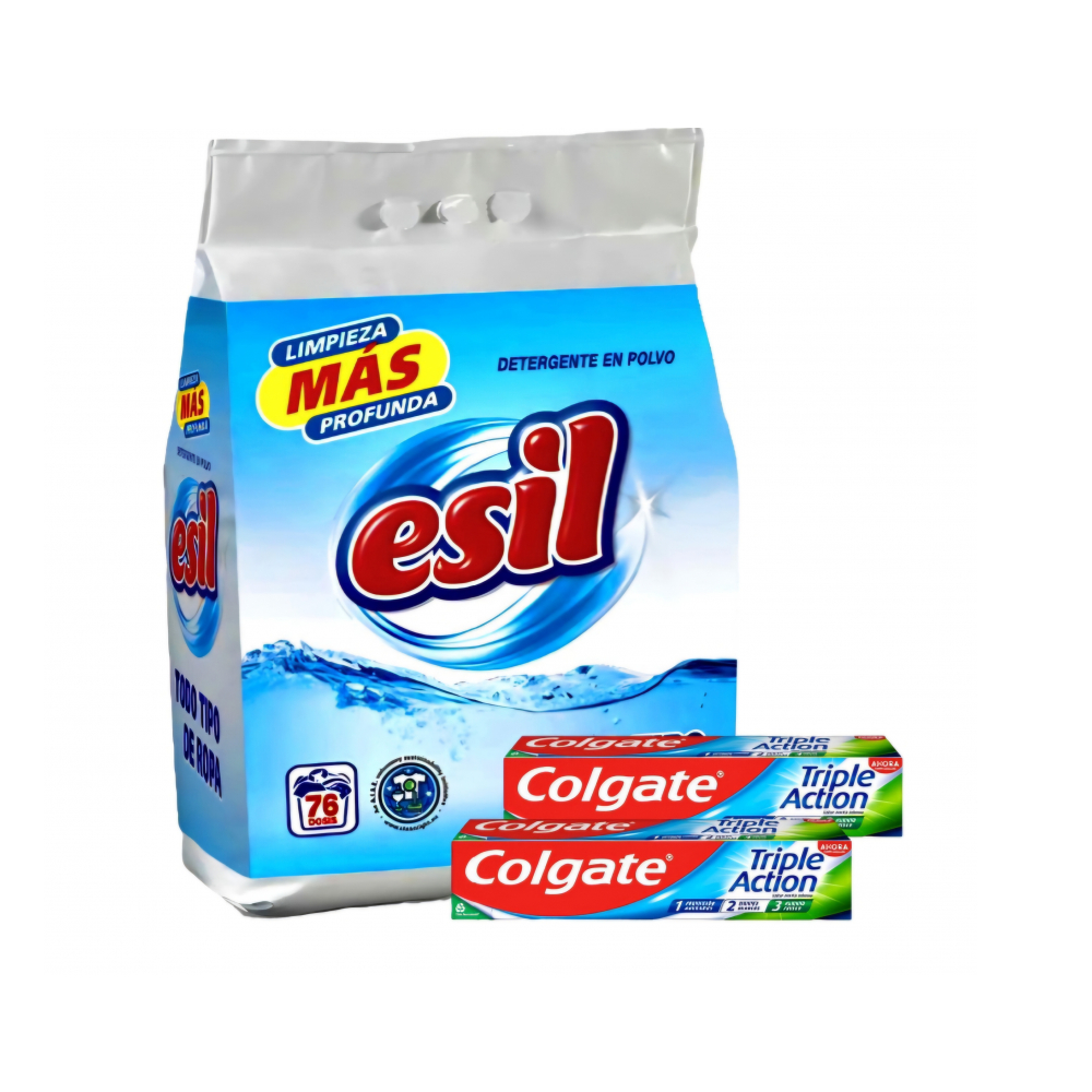 Detergente en polvo Esil + Pasta de dientes triple acción sabor menta intenso Colgate