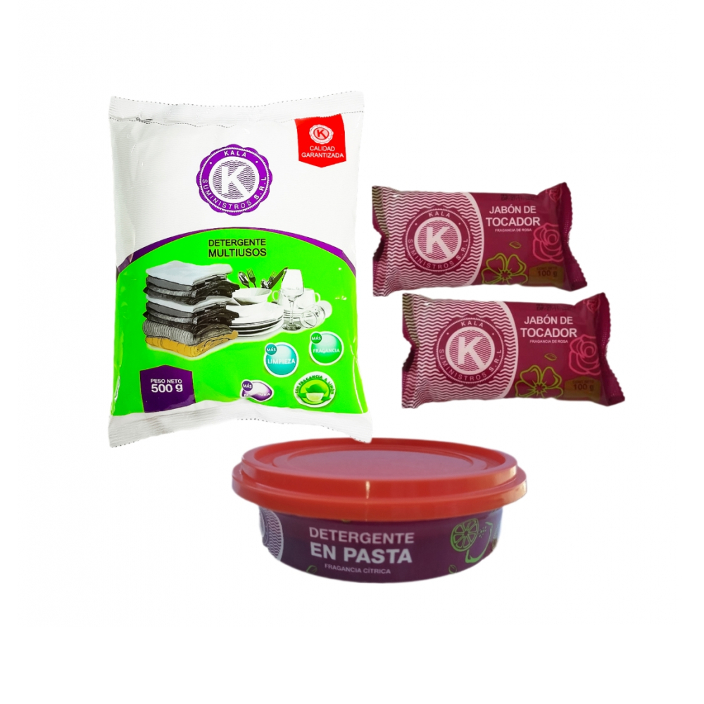 Detergente en polvo + Detergente en pasta + Jabón de tocador rosa