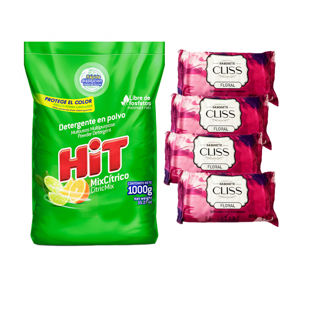 Detergente en polvo con aroma mixto de cítricos + Jabón hidratante Cliss esencia floral