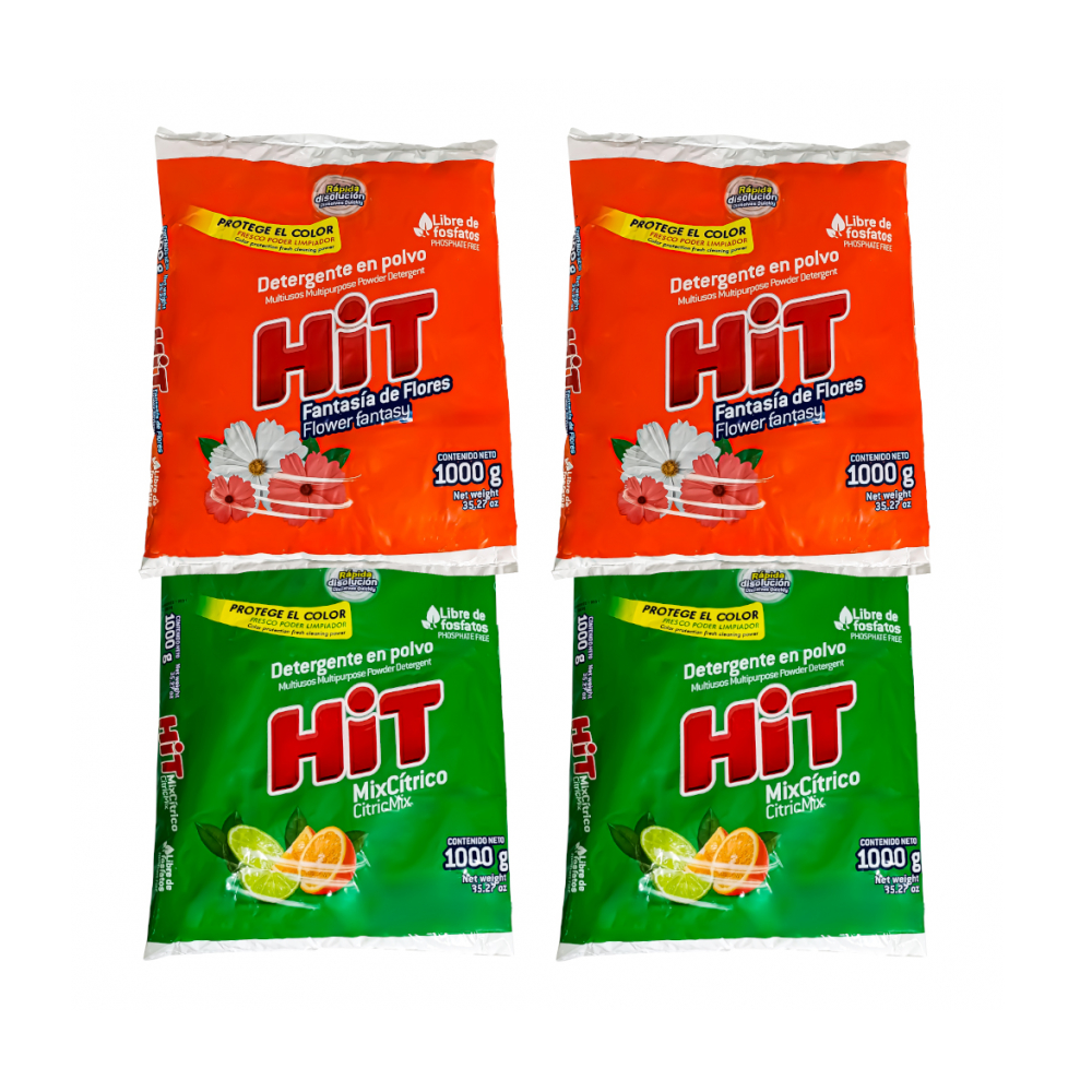 Detergente en polvo multiusos aroma mix cítricos Hit + Detergente en polvo multiusos aroma fantasía de flores Hit