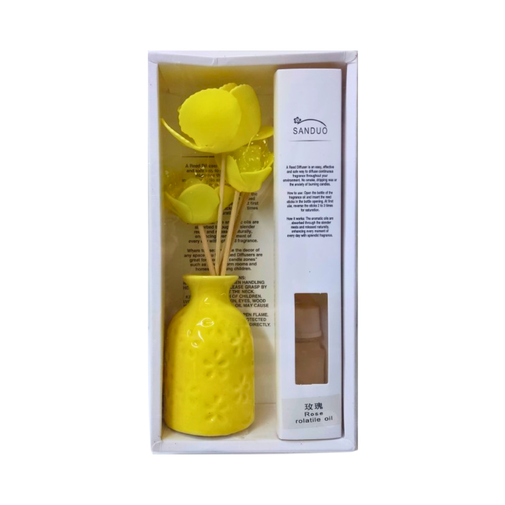Difusor de varillas con mini florero, flores amarillas y aceite aromático rosa rolatile Sanduo
