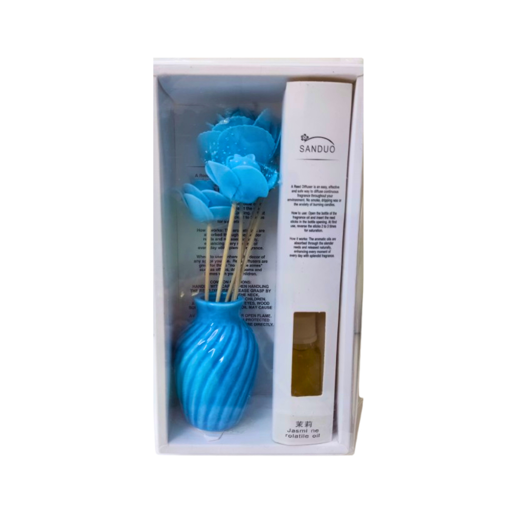 Difusor de varillas con mini florero, flores azul y aceite aromático jazmín Sanduo