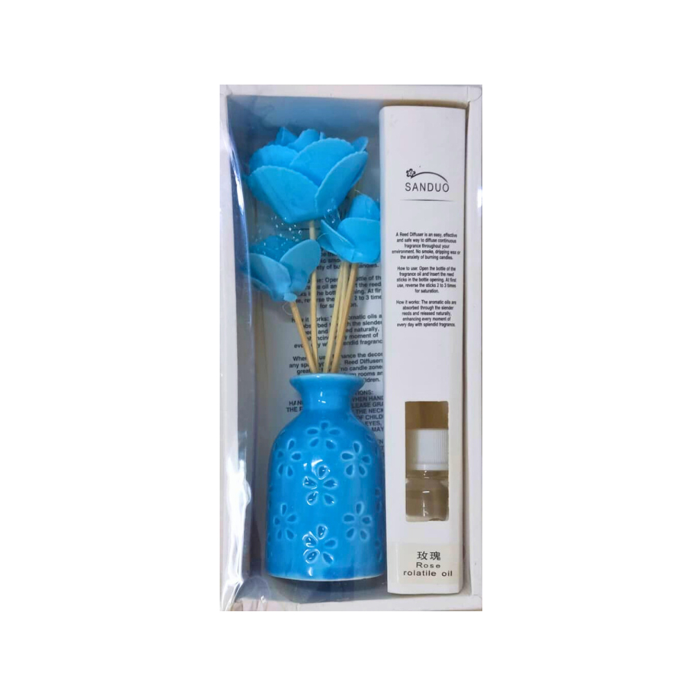 Difusor de varillas con mini florero, flores azules y aceite aromático rosa mosqueta Sanduo
