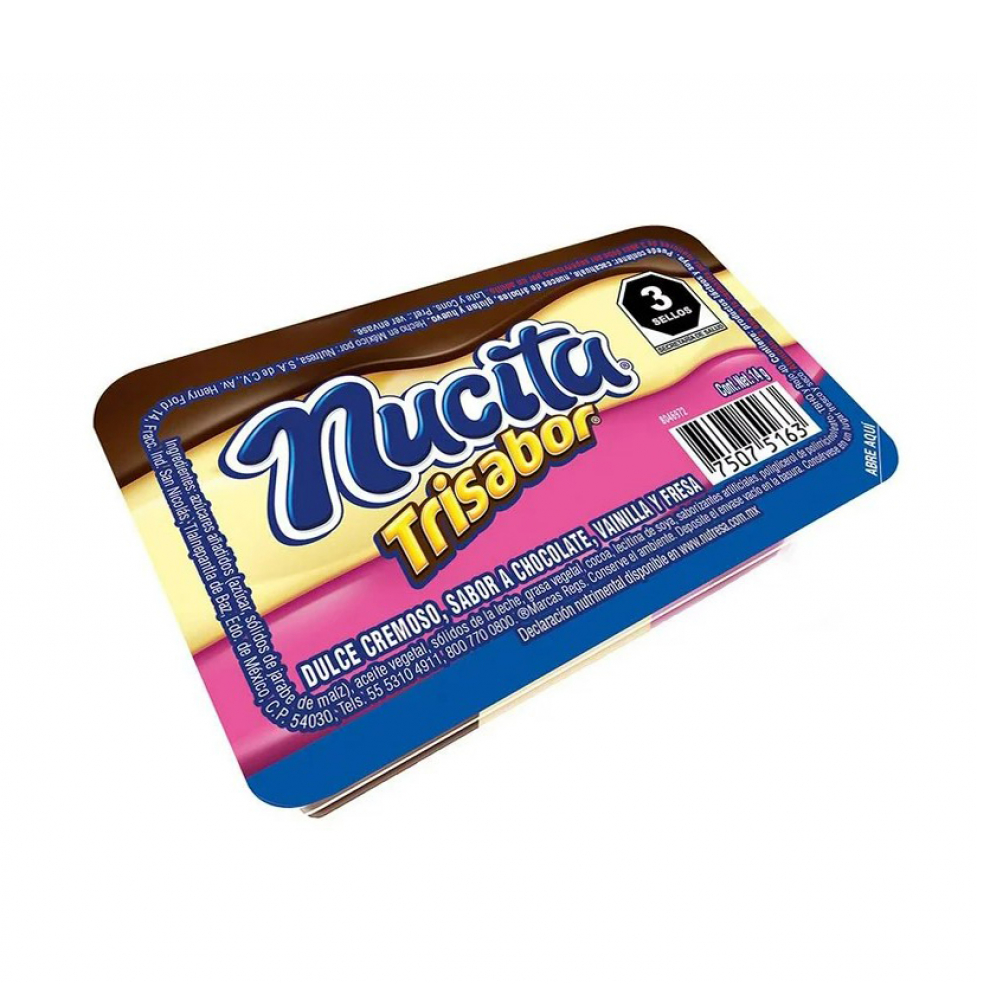 Dulce cremoso sabor a chocolate, vainilla y fresa Nucita Trisabor (14 g)
