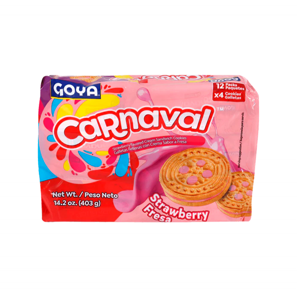 Galletas Carnaval rellenas con crema sabor fresa Goya (12 x 33.6 g / 1.18 oz)
