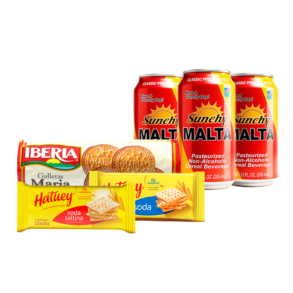 Galletas María + Malta Sunchy + Galletas de soda Hatuey + Galletas de soda Saltina Hatuey
