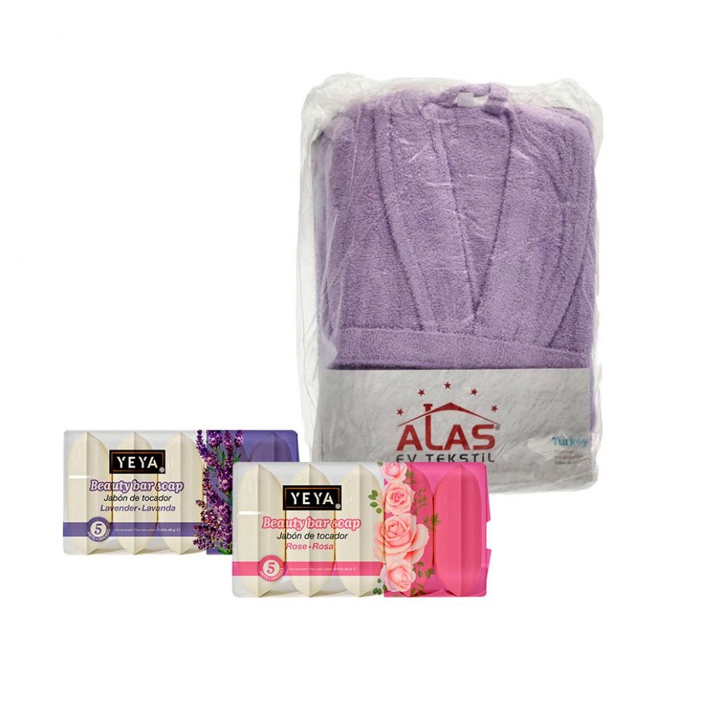 Jabón de tocador de rosa + Bata de baño talla XL + Jabón de tocador de lavanda