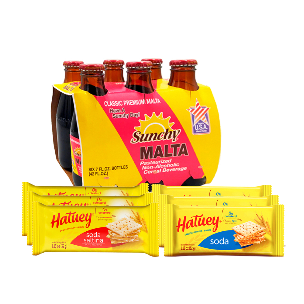 Malta en botella Sunchy + Galletas de soda Hatuey + Galletas de soda saltinas Hatuey