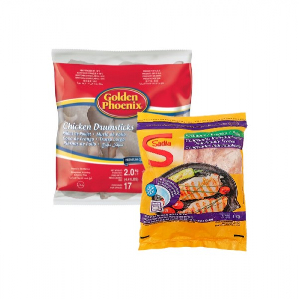 Muslos de pollo Golden Phoenix + Pechuga de pollo sin piel y sin hueso Sadia