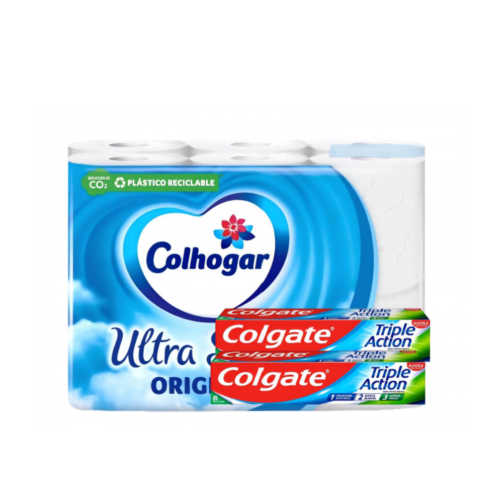 Papel sanitario Colhogar + Pasta de dientes triple acción sabor menta intenso Colgate