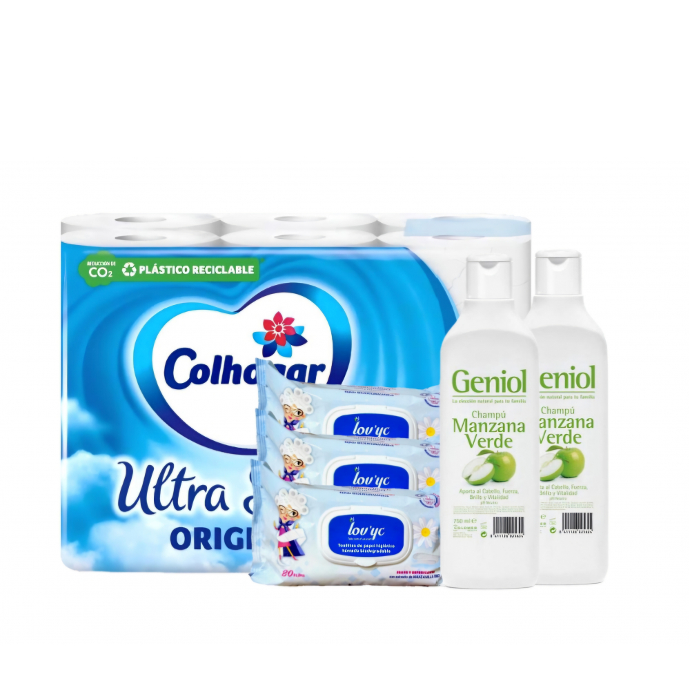 Papel sanitario Colhogar + Toallitas de papel higiénico húmedo biodegradables Lov’yc + Champú manzana verde Geniol