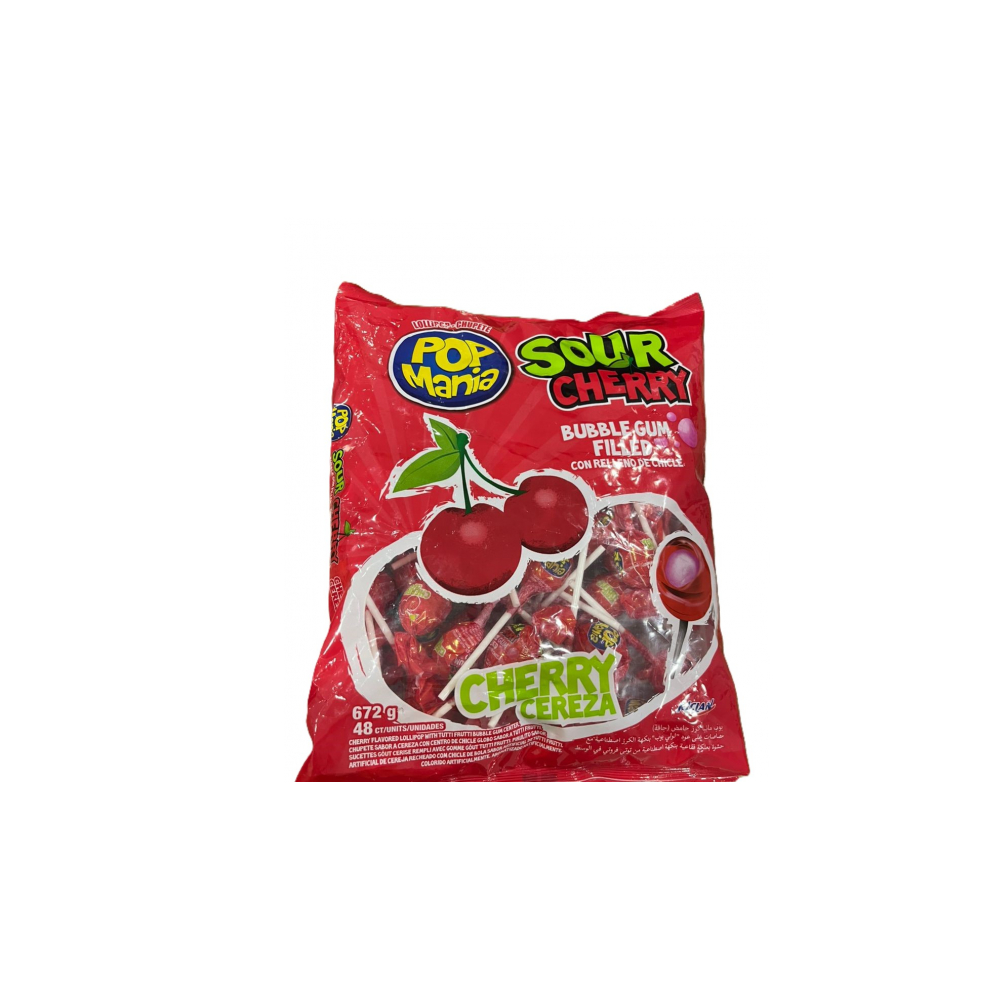Paquete de chupa chupa sabor a cereza agria relleno de chicle Pop Mania (672 g / 1.48 lb)