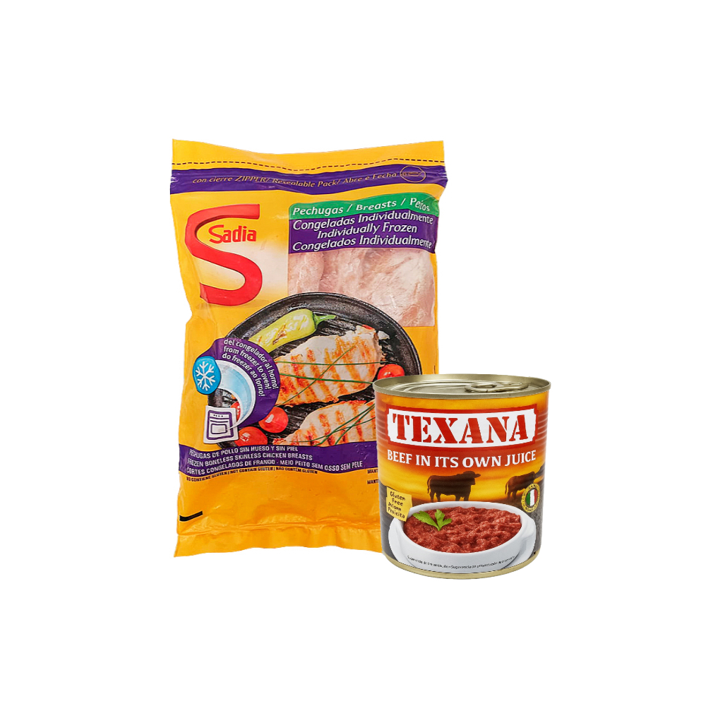Pechuga de pollo sin piel y sin hueso Sadia + Carne de res en su propio jugo Texana