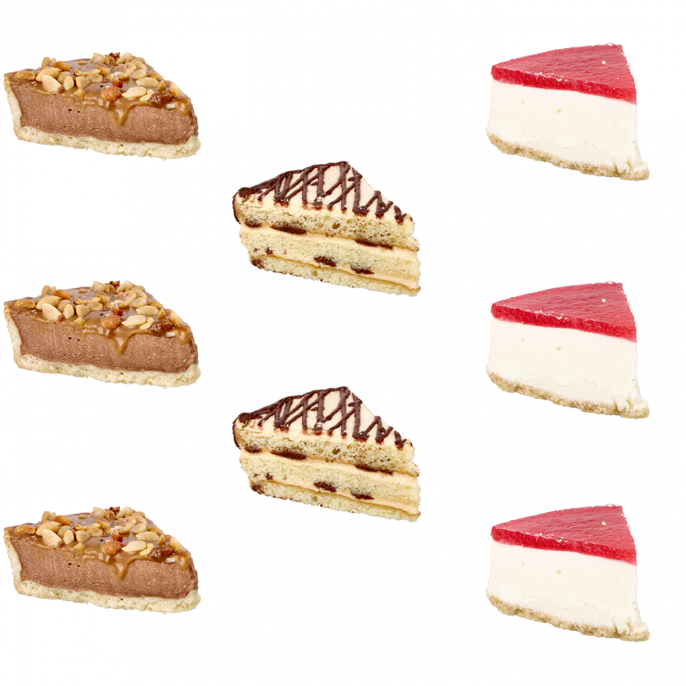 Pie de dulce de leche + mousse de vainilla chip + cheesecake de fresa