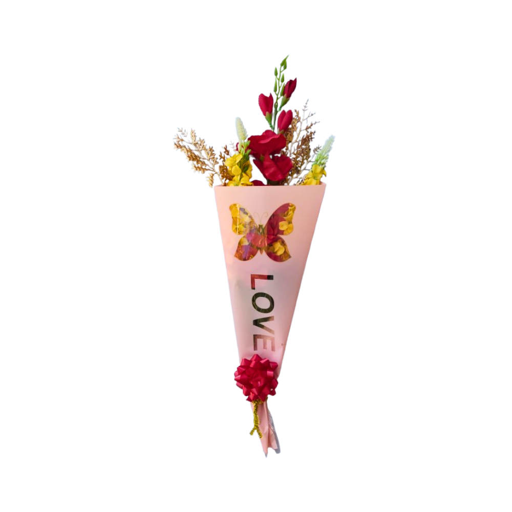 Ramo de regalo decorado con flores y espigas + moño y papel regalo + limpiapipas dorada
