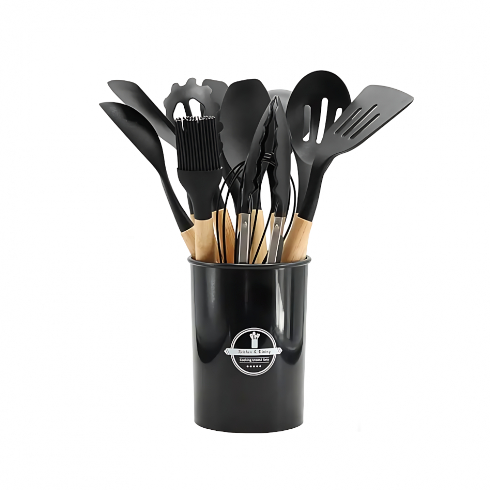 Set de utensilios de silicona con mango de madera color negro para cocina