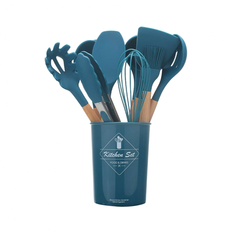 Set utensilios de cocina de silicona color azul con mango de madera