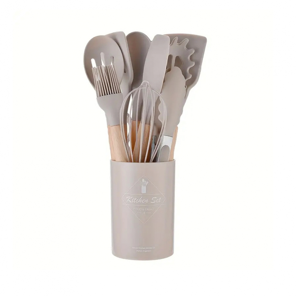 Set utensilios de cocina de silicona color caqui con mango de madera